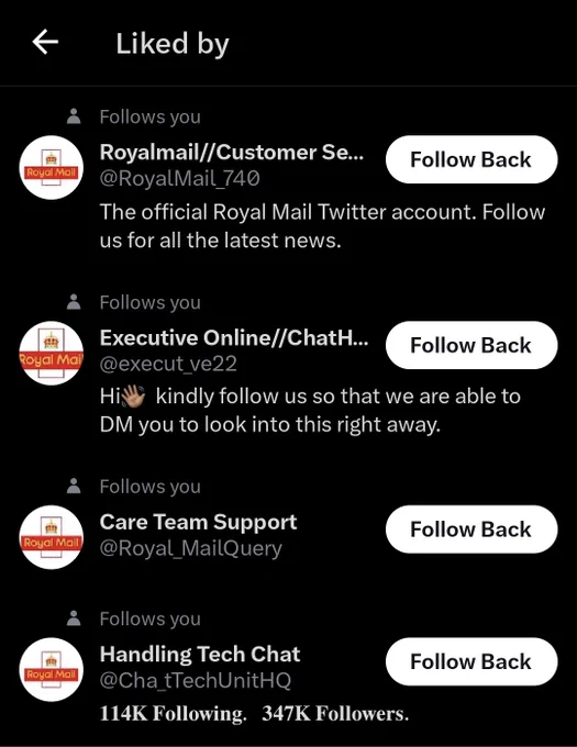 Screenshot of 4 accounts with the royal mail logo with bogus usernames 