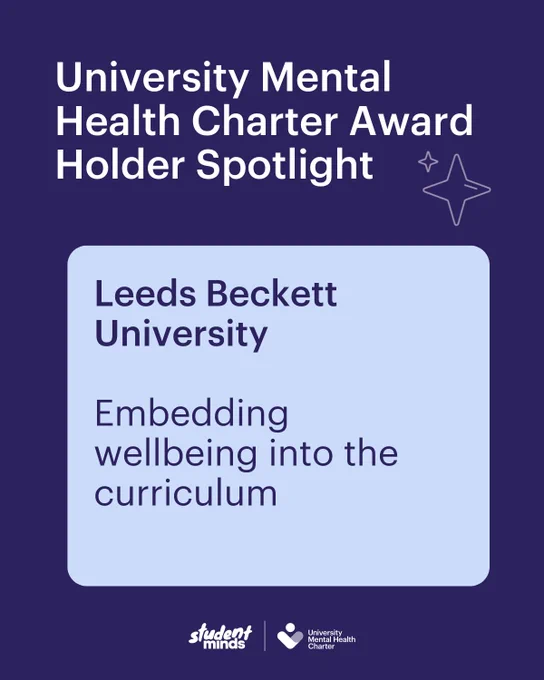 Leeds Beckett University featured in a University Mental Health Charter Award Holder Spotlight, emphasizing the integration of wellbeing into the curriculum, accompanied by the Student Minds and University Mental Health Charter logo. With a star illustration. 