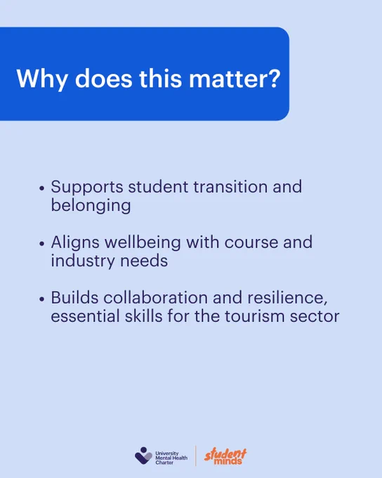 Why does this matter in blue title box at the top. 

With the bullet points:
Supports student transition and belonging

Aligns wellbeing with course and industry needs

Builds collaboration and resilience, essential skills for the tourism sector

With Student Minds and University Mental Health Day logo at the bottom in the centre. 