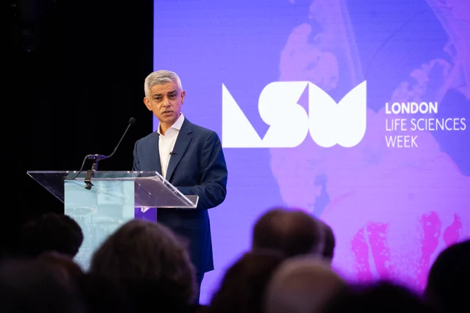 Mayor of London Sadiq Khan giving a talk at London Life Sciences Week conference. 