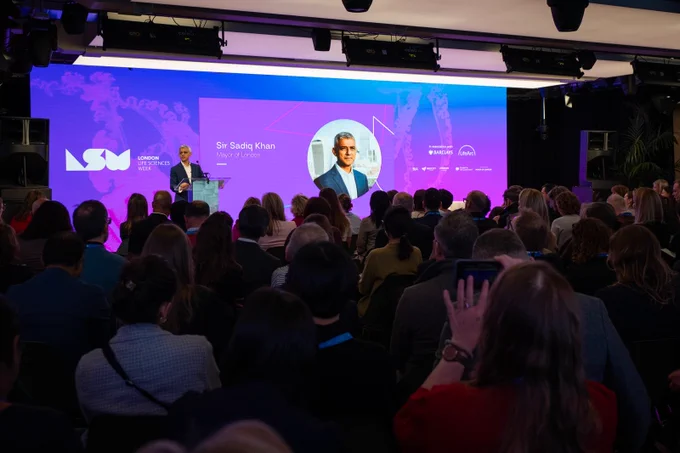 Mayor of London Sadiq Khan speaking at the London Life Sciences Week conference to an audience.