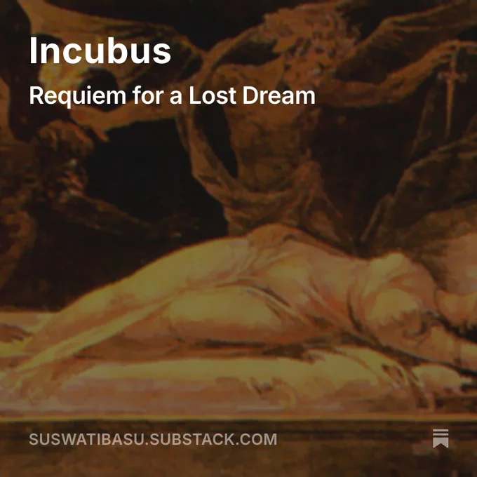 A dark, dramatic artwork shows a woman lying on her side across a bed, draped in a pale, flowing garment. Above and behind her, shadowy winged figures loom in the darkness, creating an atmosphere of nightmare or supernatural oppression. Overlaid text reads “Incubus” and “Requiem for a Lost Dream,” with a website address at the bottom.