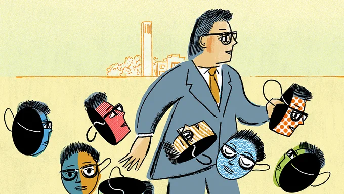 Illustration of a person juggling multiple animated books, each with expressive faces, against a backdrop of a city skyline.