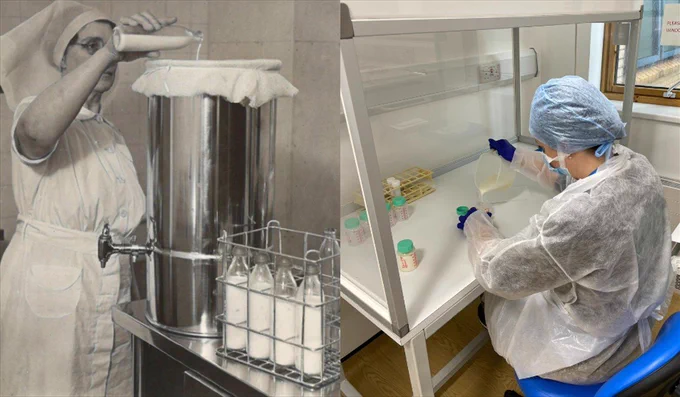 Collage of two photos. On the left is a black and white photo of a nurse pouring milk into an old fashioned filter system. On the right is a photo of a woman pouring milk through the modern day equivalent of the filter system.