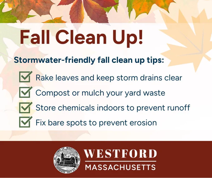 Fall clean up, stormwater, tips: rake leaves and keep storm drains clear, compost or mulch yard waste, store chemicals indoors to prevent runoff