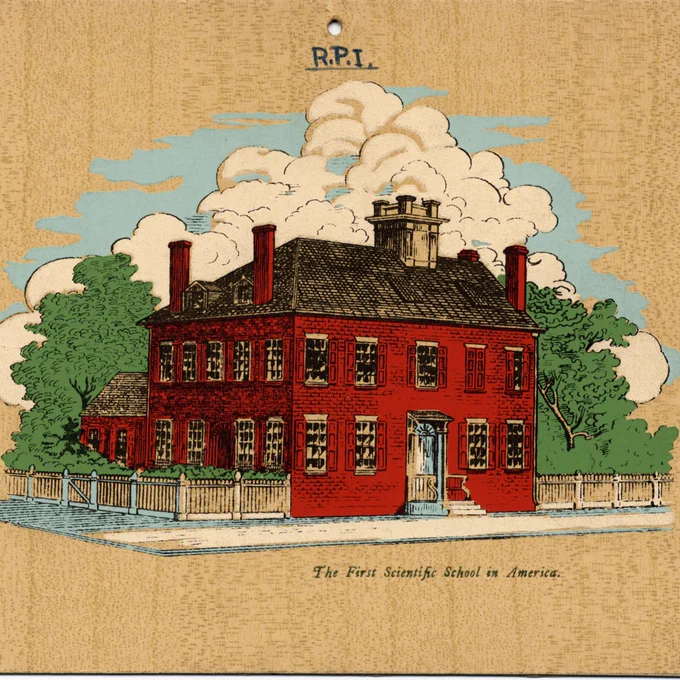 Illustration of the first building of Rensselaer Polytechnic Institute, labeled as "The First Scientific School in America." The red brick building is surrounded by trees and features a prominent white fence and white clouds in the sky.