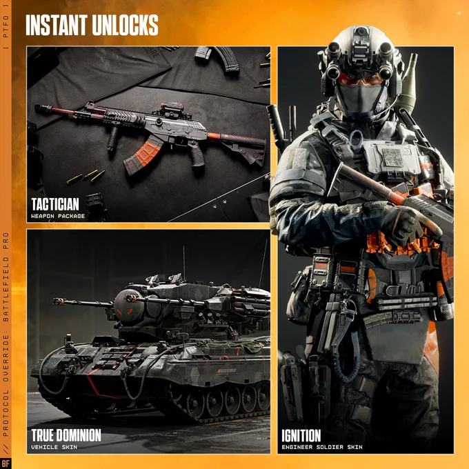 Battlefield Pro graphic with three tiles highlighting included items: Instant Unlocks; Tactician weapon package; ‘True Dominion’ vehicle skin; and the ‘Ignition’ Engineer soldier skin.