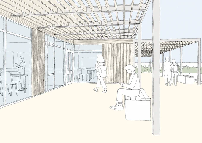 Proposed new cladding and shading canopy alongside the classrooms - illustration created by Gollifer Langston Architects as part of the feasibility study for the Baden Powell site
