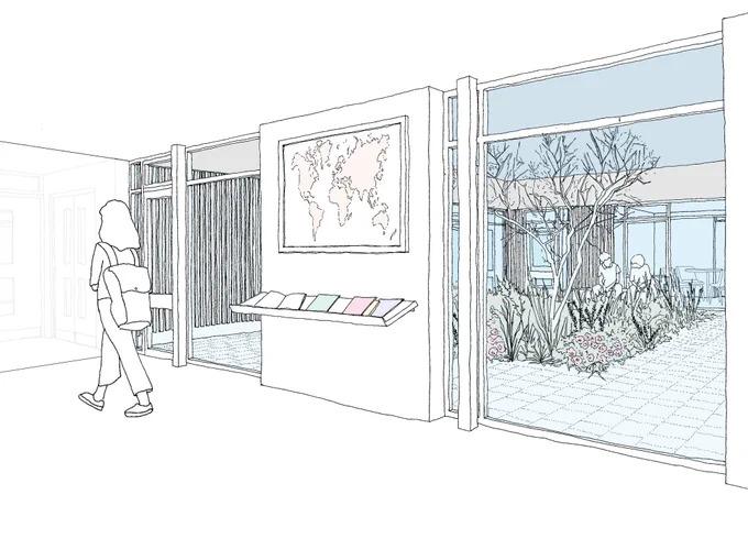 Proposed new library space looking into the re-established internal courtyard -illustration created by Gollifer Langston Architects as part of the feasibility study for the Baden Powell site