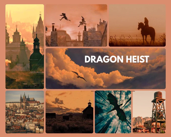 Collage depicting gothic/medieval cities, Western environments, and dragons.