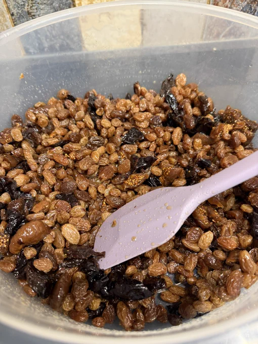 Mixed fruit cleaned and soaked in French brandy. Raisins, figs and prunes.