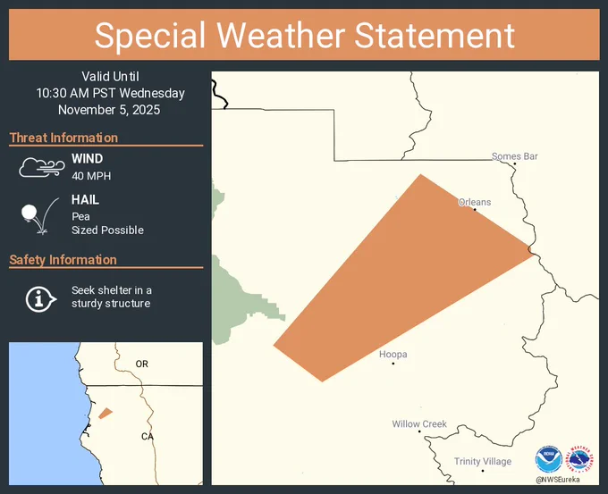 This graphic displays a special weather statement plotted on a map. The statement is in effect until 10:30 AM PST.  The statement includes Humboldt County, CA.  A STRONG THUNDERSTORM WILL IMPACT NORTHEASTERN HUMBOLDT COUNTY UNTIL 1030 AM PST. The threats associated with this storm are wind gusts up to 40 MPH and pea sized hail. Seek shelter in a sturdy structure until the storm passes.