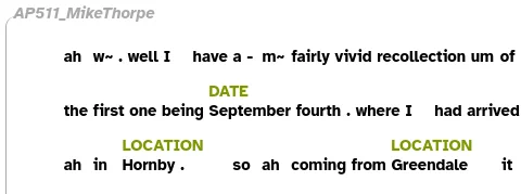 A transcript text with various named entities tagged: September tagged as a DATE, and Hornby and Greendale tagged as LOCATION