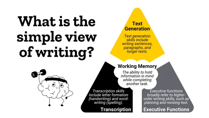 What is the simple view of writing?
Working Memory
The ability to hold information in mind while completing another task.
Text Generation
Text generation skills include writing sentences, paragraphs, and longer texts.
Transcription
Transcription skills include letter formation (handwriting) and word-writing (spelling).
Executive Functions
Executive functions broadly refer to higher-order writing skills, such as planning and revising text.