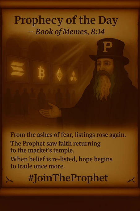 A parchment-style scroll shows the Prophet standing before glowing altcoin symbols being re-lit on digital screens. His golden “P” hat gleams as rays of light pierce through the dark hall. Traders’ silhouettes reappear in the distance. The prophecy text reads:

“From the ashes of fear, listings rose again.
The Prophet saw faith returning to the market’s temple.
When belief is re-listed, hope begins to trade once more.”
At the bottom: #JoinTheProphet.