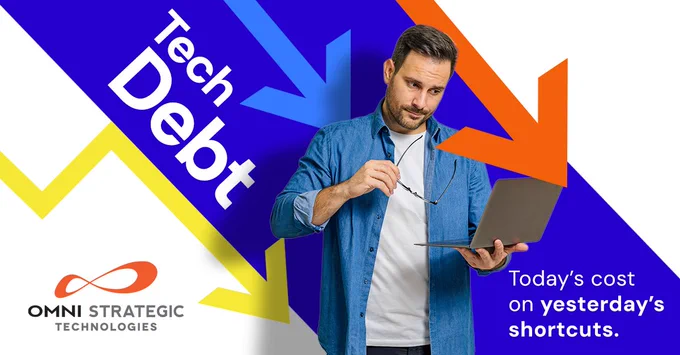 Person holding a laptop, standing before a colorful background with arrows and the text "Tech Debt – Today's cost on yesterday's shortcuts." Prominent logo of "Omni Strategic Technologies" displayed.