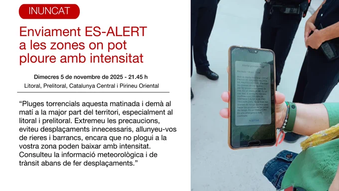 Extremeu les precaucions per la previsió de pluges fortes durant la matinada i fins demà a la tarda. Enviem un #EsAlert📲 per demanar prudència: seguiu l'evolució del temporal, eviteu desplaçaments innecessaris i no us acosteu a rius, rieres o barrancs. 