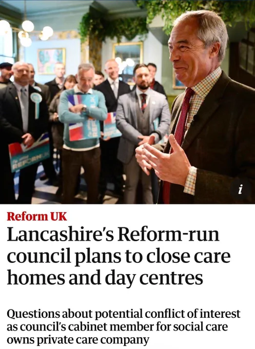 Headline: Lancashire’s Reform-run council plans to close care homes and day centres