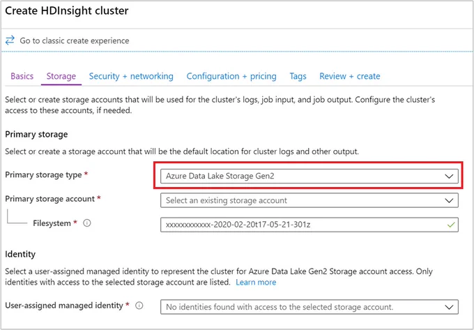 Storage settings for using Data Lake Storage Gen2 with Azure HDInsight.