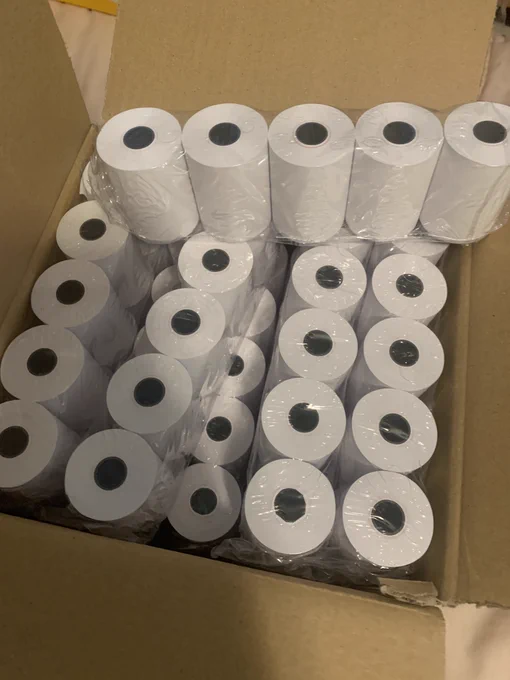Box of thermal receipt rolls. Kinda looks like a box full of toilet paper though. 