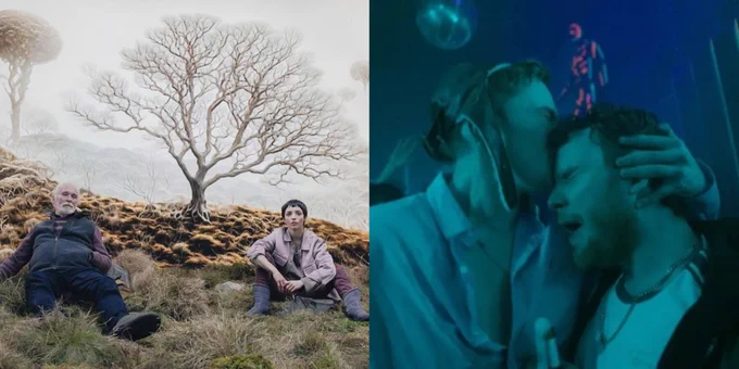 Two images side by side from films. An older man (Ian McElhinney) and a younger woman (Jessica Reynolds) are sitting or lying on grassland. Behind them are trees, some of which look like they're made of mushrooms. Two young men are in a night club. They're holding each other like brothers who have just met after a time apart. It looks intense.