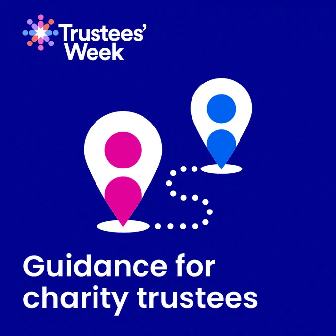 Trustees' Week logo with two location pins connected by a dotted path, symbolising guidance for charity trustees.