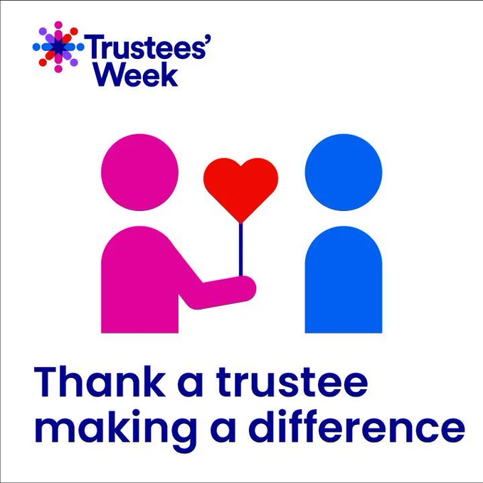 Trustees' week with a figure in pink and one in blue, the pink figure is handing heart shaped balloon to the blue figure.  Underneath is written 'Thank a trustee making a difference.' in dark blue writing.
