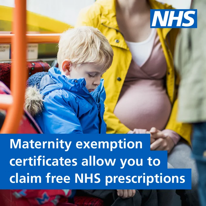 Child in a blue jacket sitting next to an adult on a bus, looking at a pamphlet that reads 'Maternity exemption certificates allow you to claim free NHS prescriptions.'