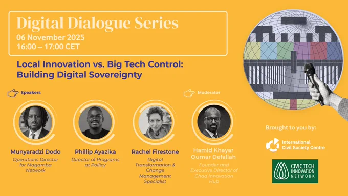 💡 Digital Dialogue: Local Innovation vs. Big Tech Control – Building Digital Sovereignty in Africa

Across Africa, local innovators are designing creative solutions for their communities — but Big Tech still holds much of the power.
So, how can we build real digital sovereignty that keeps innovation local and inclusive?

Join us on 6 November 2025 (16:00–17:00 CET) for a lively discussion with changemakers from across the continent and beyond!

🎙️ Moderator: Hamid Khayar Oumar Defallah – Founder & Executive Director, Chad Innovation Hub
👥 Speakers:

Munyaradzi Dodo – Operations Director, Magamba Network

Phillip Ayazika – Director of Programs, Pollicy

Rachel Firestone – Digital Transformation & Change Management Specialist

Let’s rethink how Africa can innovate on its own terms. 🌍✨
🔗 Register here: https://icscentre.org/events/upcoming-events/local-innovation-vs-big-tech-control-building-digital-sovereignty/

#DigitalDialogues #Innovation #Africa #TechForGood #DigitalSovereignty 