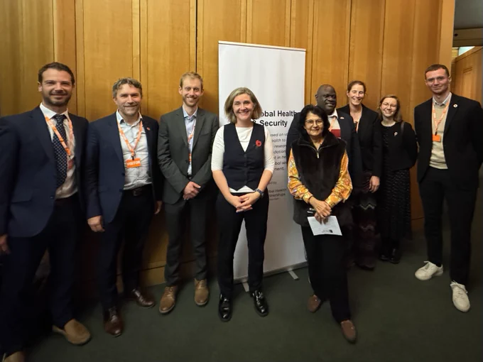 APPG Global Health & Security meeting on global health architecture reform speakers and organisers. Left to right: Pete Baker (Center for Global Development), Mike Podmore (STOPAIDS), Tom Pegram (UCL Global Governance Institute), Dr Beccy Cooper MP (APPG Chair), H.E. Nimisha Madhvani (Ugandan High Commissioner to UK), Moses Mulimira (Global Health Partnerships), Zoe Gray (Global Health Partnerships), Dr Lauren Sullivan MP (APPG Vice Chair), Jonathon Foster (APPG Co-ordinator / Global Health Partnerships).