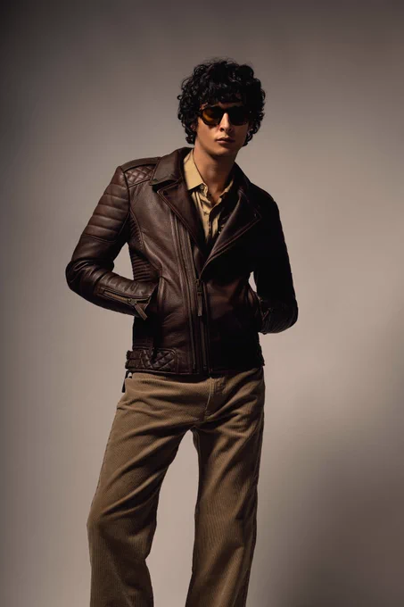 Editorial shot of a male model wearing a brown leather biker jacket, beige corduroy trousers, sunglasses and a satin kaki shirt just showing through the top of the zipped up jacket.