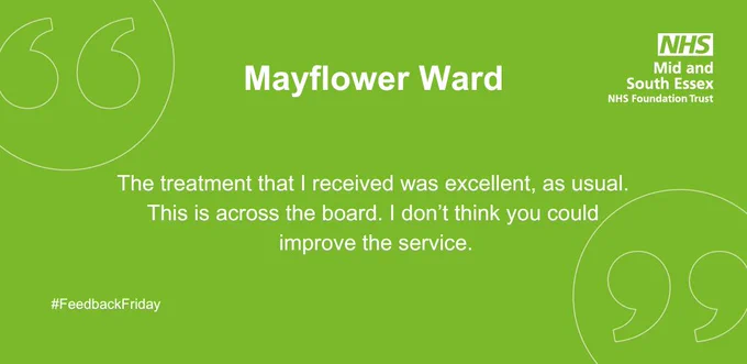 It's that time of the week again, #FeedbackFriday. This week, we would like to share some great feedback for Mayflower Ward at Broomfield Hospital. Well done to all involved.