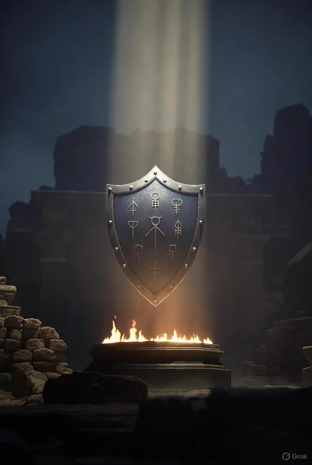 A radiant shield floats alone in a divine beam of light above a stone pedestal. Seven faint sigils hover around it, glowing softly. A ring of fire encircles the base, linking it to the Blade’s legacy. The surrounding ruins fade into shadow, evoking sacred commitment, protection, and mythic finality.