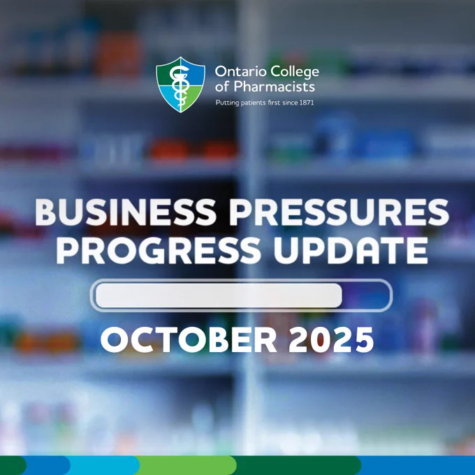 College logo appears on a blurred image of a pharmacy's dispensary. Text reads: Business Pressures Progress Update October 2025