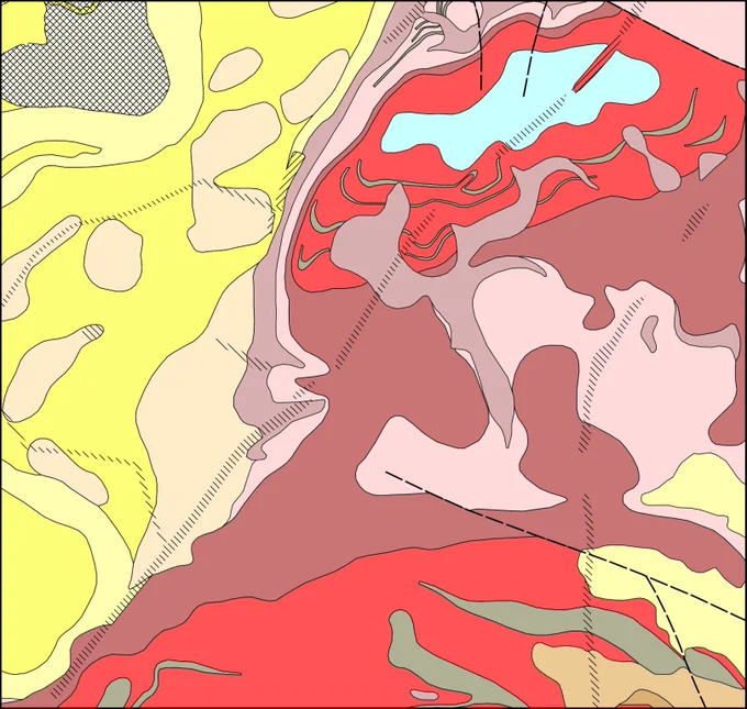 A slice of the BGS Geology 50K data shown for the south Nottinghamshire area. The colours are red, blue, yellow and rust. 