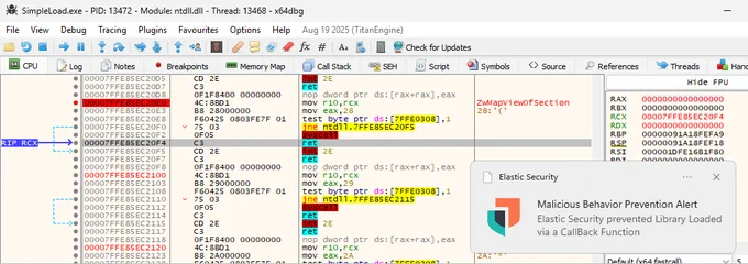Stepping over the syscall instruction in a debugger. An alert is raised.