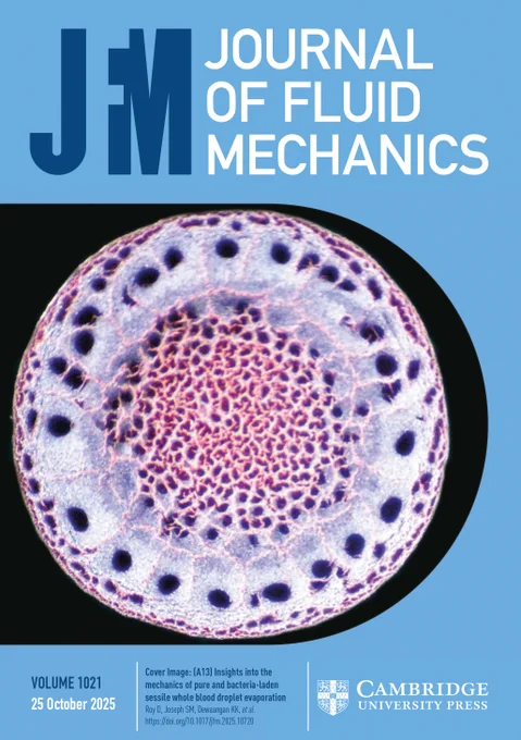 Cover of the Journal of Fluid Mechanics, Volume 1021, published on 25 October 2025 by Cambridge University Press. The cover features a detailed microscopic image of a bacteria-laden sessile whole blood droplet, with interpretation by Joseph L. Bull and others.