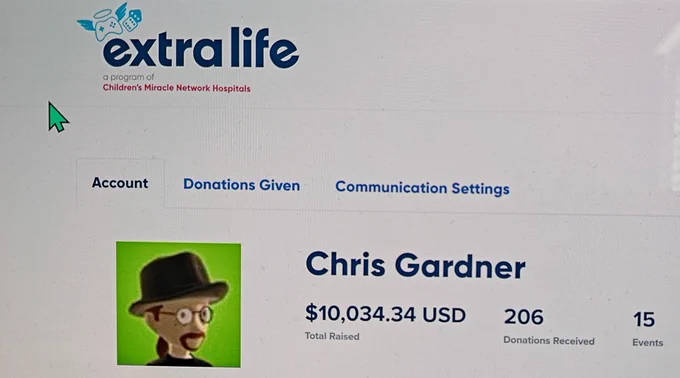 Screenshot of my Extra Life profile, showing $10,034.34 total dollars raised for Children's of Alabama.