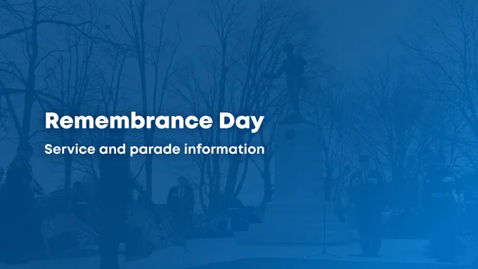 A silhouette of veterans and cadets surrounding a cenotaph during a Remembrance Day Ceremony. The picture is covered by a blue overlay.
