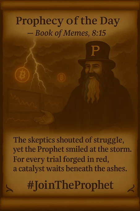 A parchment-style prophecy scroll shows the Prophet standing amid storm clouds and lightning striking digital Bitcoin symbols. His golden “P” hat glows faintly, and his red-white-blue beard flows in the wind. In the distance, the charts flicker between red and green — chaos giving birth to light. The prophecy reads:

“The skeptics shouted of struggle, yet the Prophet smiled at the storm.
For every trial forged in red, a catalyst waits beneath the ashes.”
At the bottom: #JoinTheProphet.