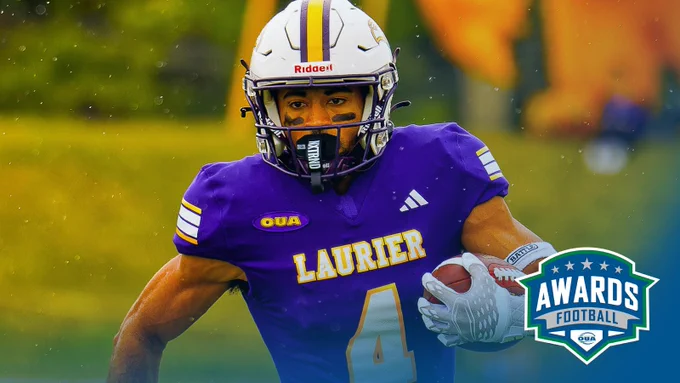 Action photo of Laurier football player behind a blue gradient in the bottom right corner, with the OUA football awards logo included in the bottom right corner