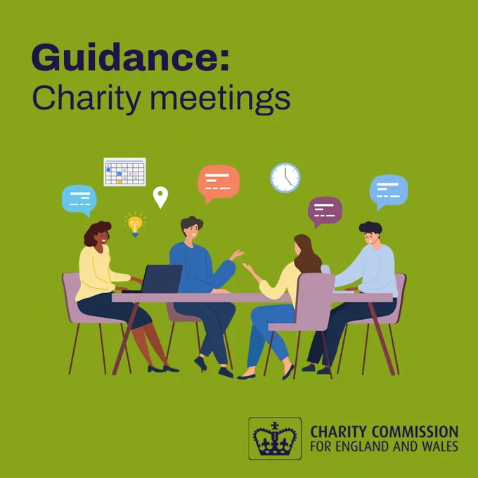 Four people sitting around a table engaged in a charity meeting with speech bubbles, a calendar, clock, and location icon above them on a green background. Text reads 'Guidance: charity meetings'.