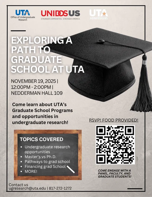 A flyer titled “2025 Fall UTA Graduate School Info Session.” The event is scheduled for November 19, 2025, from 12:00 PM to 2:00 PM in Nedderman Hall 109. The flyer invites students to explore a path to graduate school at UTA and learn about graduate school programs and undergraduate research opportunities. It mentions that food will be provided and includes topics such as undergraduate research opportunities, Master’s vs. Ph.D., pathways to grad school, and financing graduate school. The flyer encourages engagement with a panel, faculty, and graduate students. Contact information: ugresearch@uta.edu | 817-272-1272.