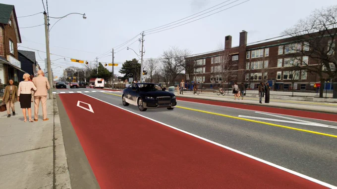 Rendering of future Dufferin RapidTO priority bus lane. A black car driving on a city street with a dedicated red bike lane and pedestrians walking on the sidewalk beside brick buildings.