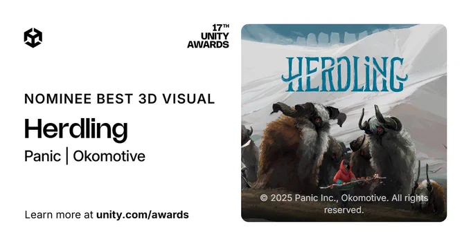 image that says "nominee best 3D visual", then lists Herdling, Panic, Okomotive. Banner at the top says 17th Unity Awards, and a footer line says "learn more at unity.com/awards". To the right is the Herdling key art