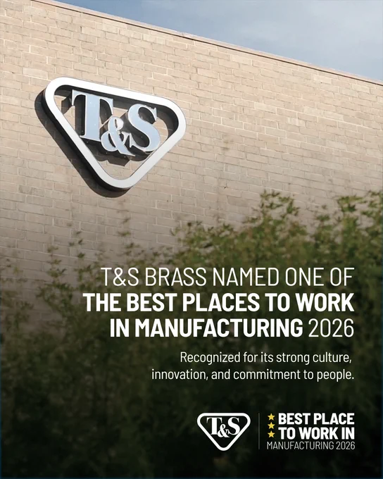 Promotional image of T&S Brass building, highlighting its recognition as one of the best places to work in manufacturing in 2026.