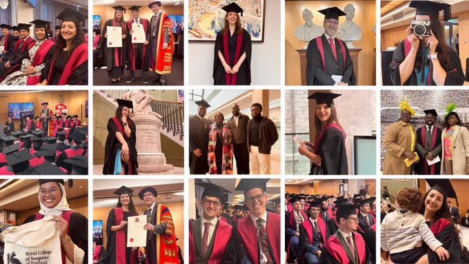 A collage of diplomates smiling for photos and accepting their certificates 