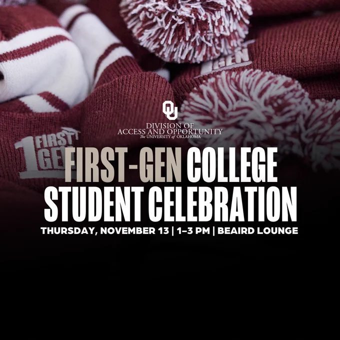Promotional image for the First-Gen College Student Celebration event at the University of Oklahoma, featuring textured red and white knit hats with a First-Gen OU theme.