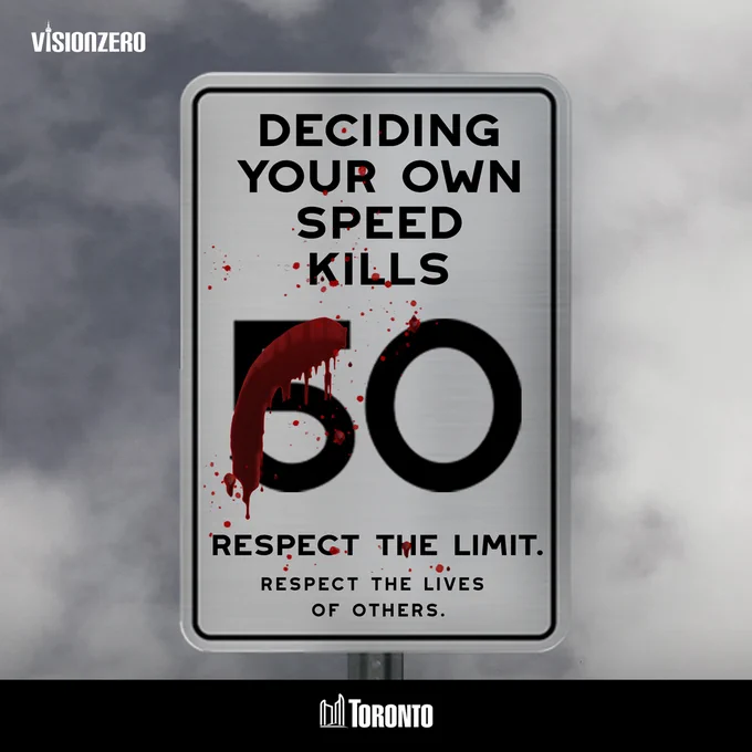 A speed limit sign with blood splatter on it, with the message: "choosing your speed limit is lethal. Respect the limit. Respect the lives of others."