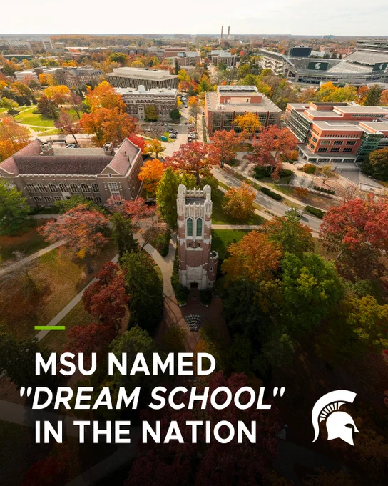 Aerial view of Michigan State University campus in autumn. Buildings with colorful trees. Text: "MSU NAMED 'DREAM SCHOOL' IN THE NATION." Spartan helmet logo.